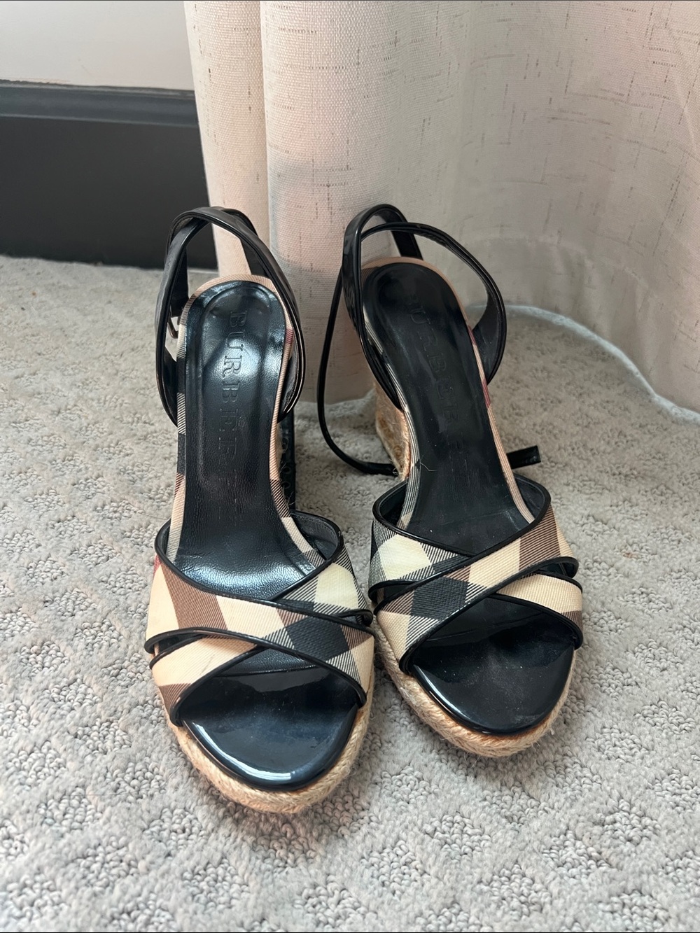 Burberry Black, Beige & Brown Plaid Espadrille Wedge Sandals